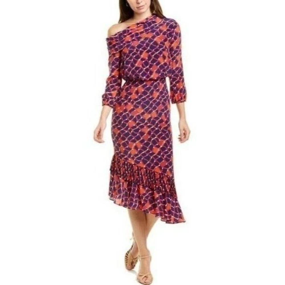 Saloni Silk Geometric Midi Dress  Ruffle Hem